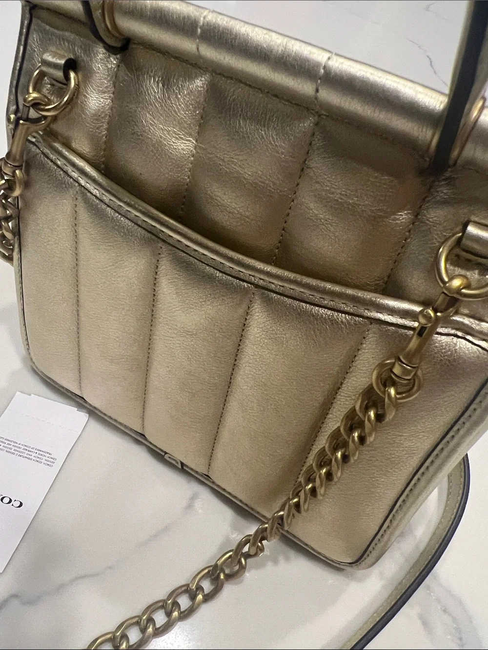 Coach Metallic Gold Quilted Leather Satchel with Chain Strap
